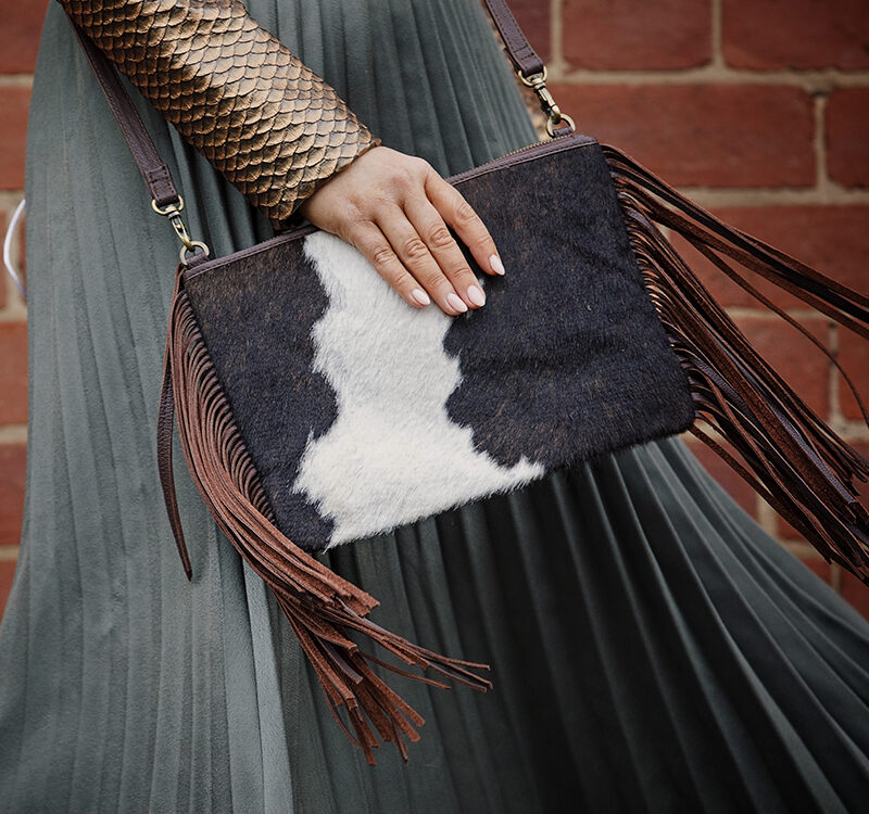 Claudine Chocolate and White Cowhide Tassel bag
