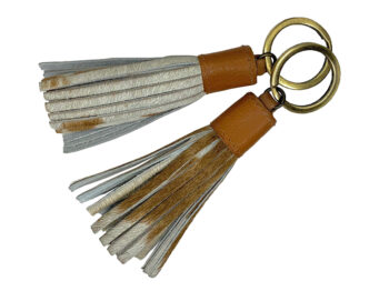 Belle Couleur - Mini Coco Tan and White Cowhide Tassel Keyring
